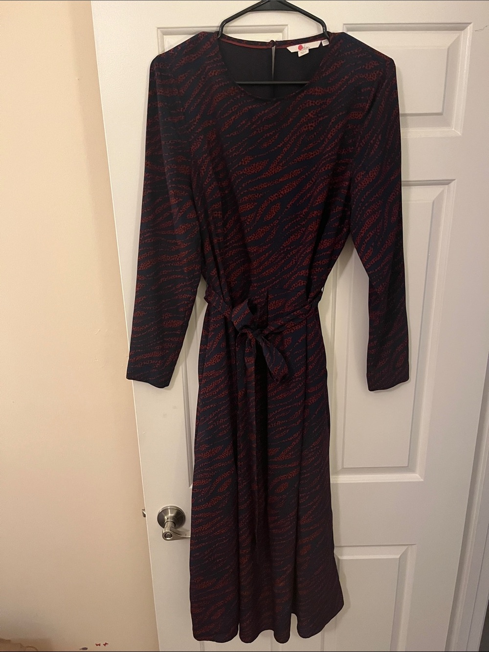 Boden Long Sleeve Navy Dress with Red Wave Print and Waist Tie